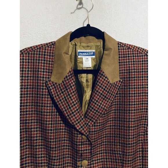 Pendleton Blazer Womens 14 Houndstooth Faux Suede Button Up Academia Preppy - Picture 2 of 7